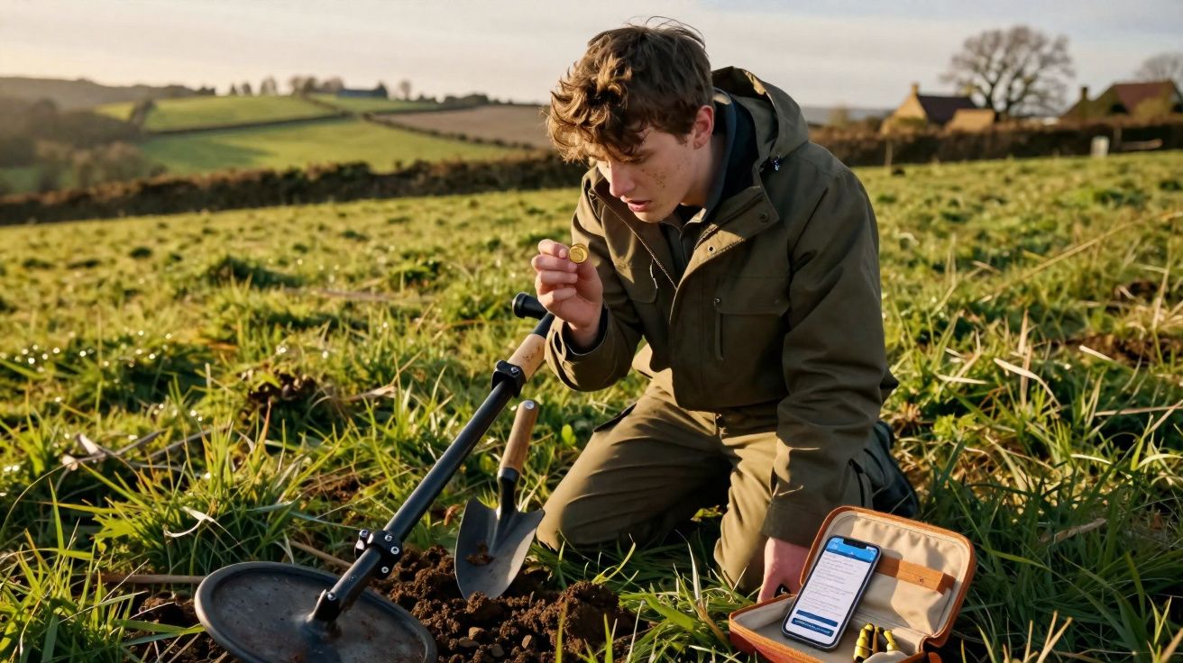 Jovem a usar detector de metais em campo aberto, segurando moeda encontrada, com telefone e ferramentas ao lado.