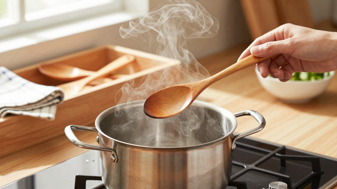 Mão segurando colher de pau sobre panela de inox com vapor a sair, num fogão a gás numa cozinha.