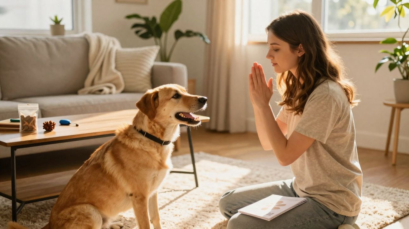 Mulher sentada no chão a treinar um cão com o ambiente de sala iluminado pela luz natural.