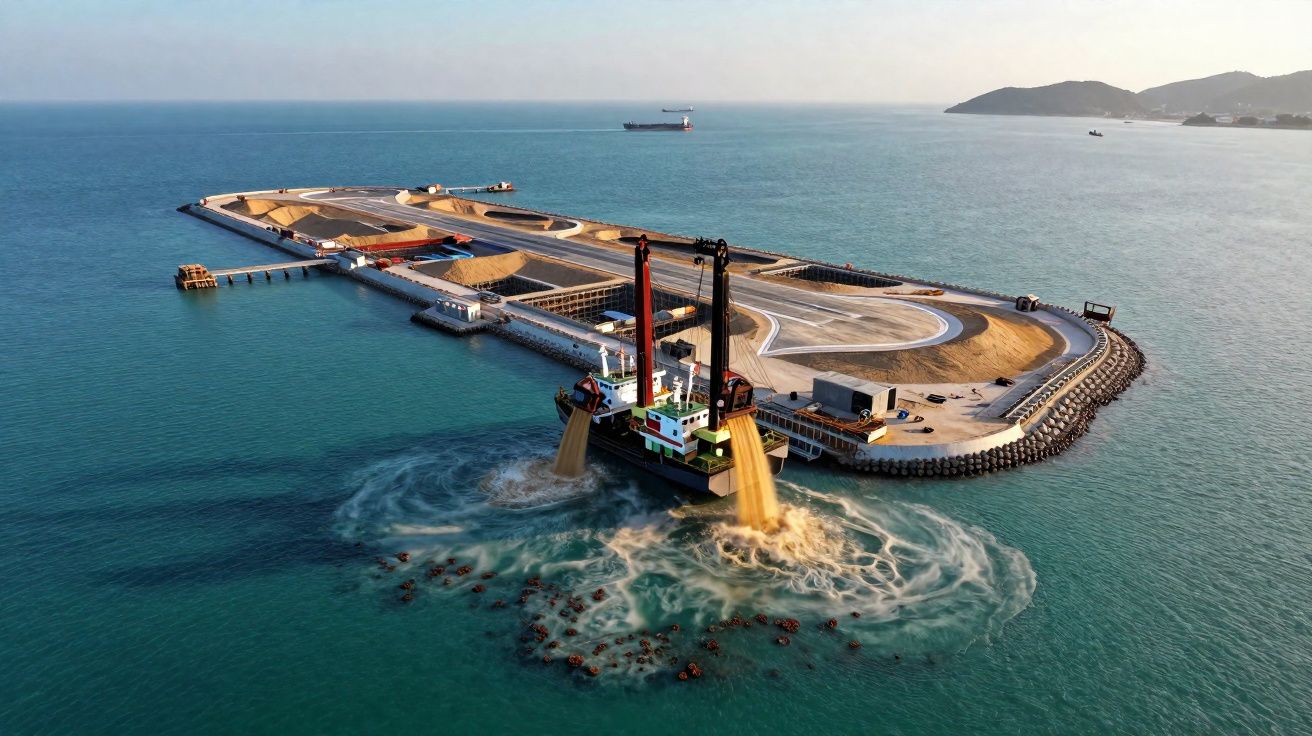 Barco de dragagem a depositar sedimentos junto a uma ilha artificial em mar calmo com montanhas ao fundo.