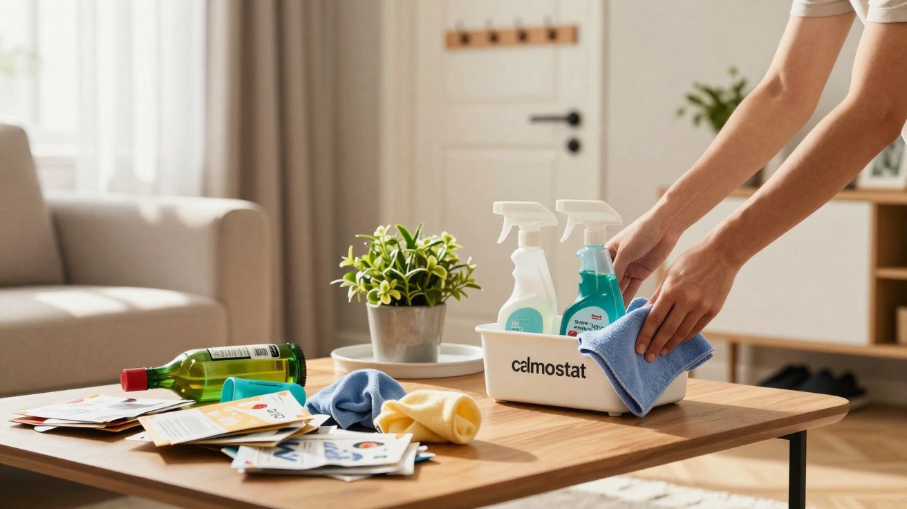 Pessoa a limpar mesa de madeira com produtos de limpeza e panos numa sala bem iluminada.