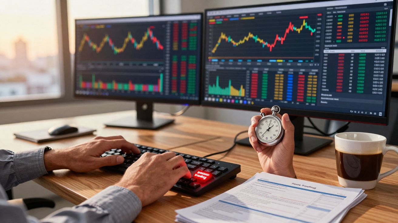 Pessoa a usar teclado com botão vermelho iluminado e a segurar cronómetro, com dois ecrãs de gráficos financeiros e café num