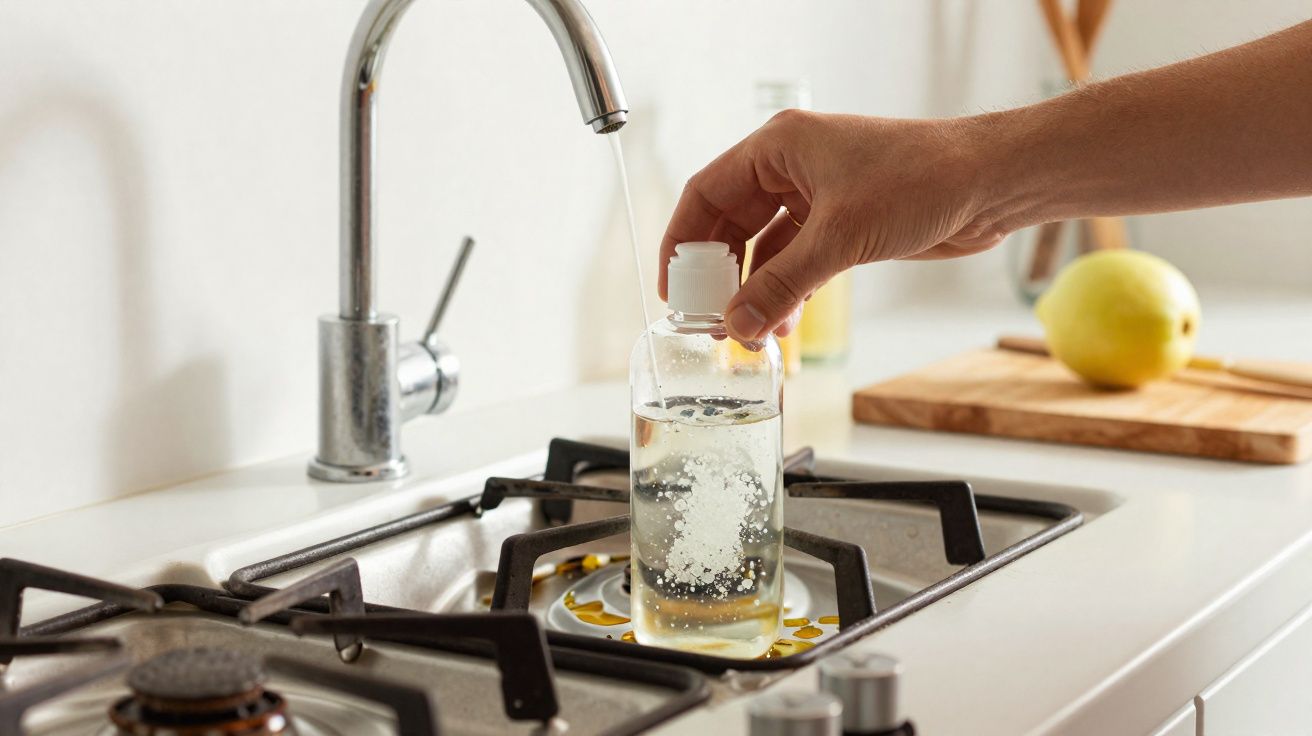 Mão a preencher garrafa transparente com água junto a bancada de cozinha com fogão e limão.