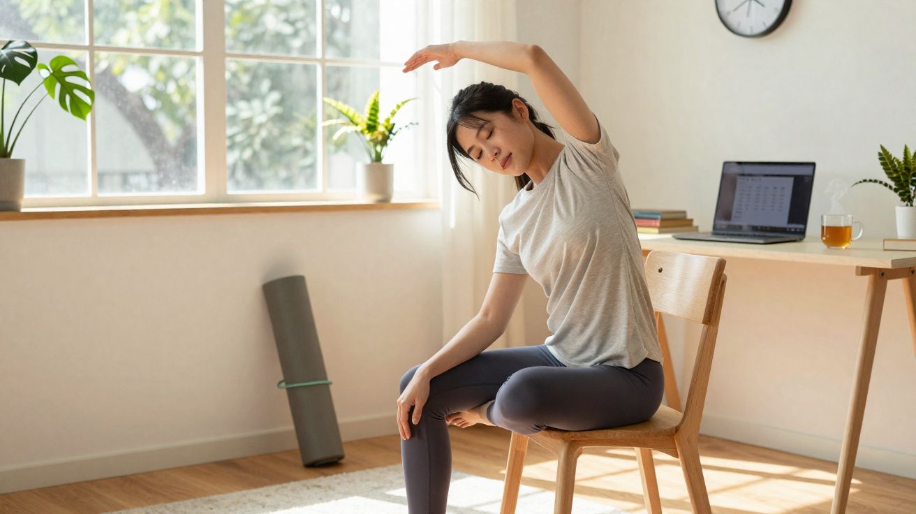 Mulher sentada numa cadeira a fazer alongamento lateral num ambiente de escritório em casa.