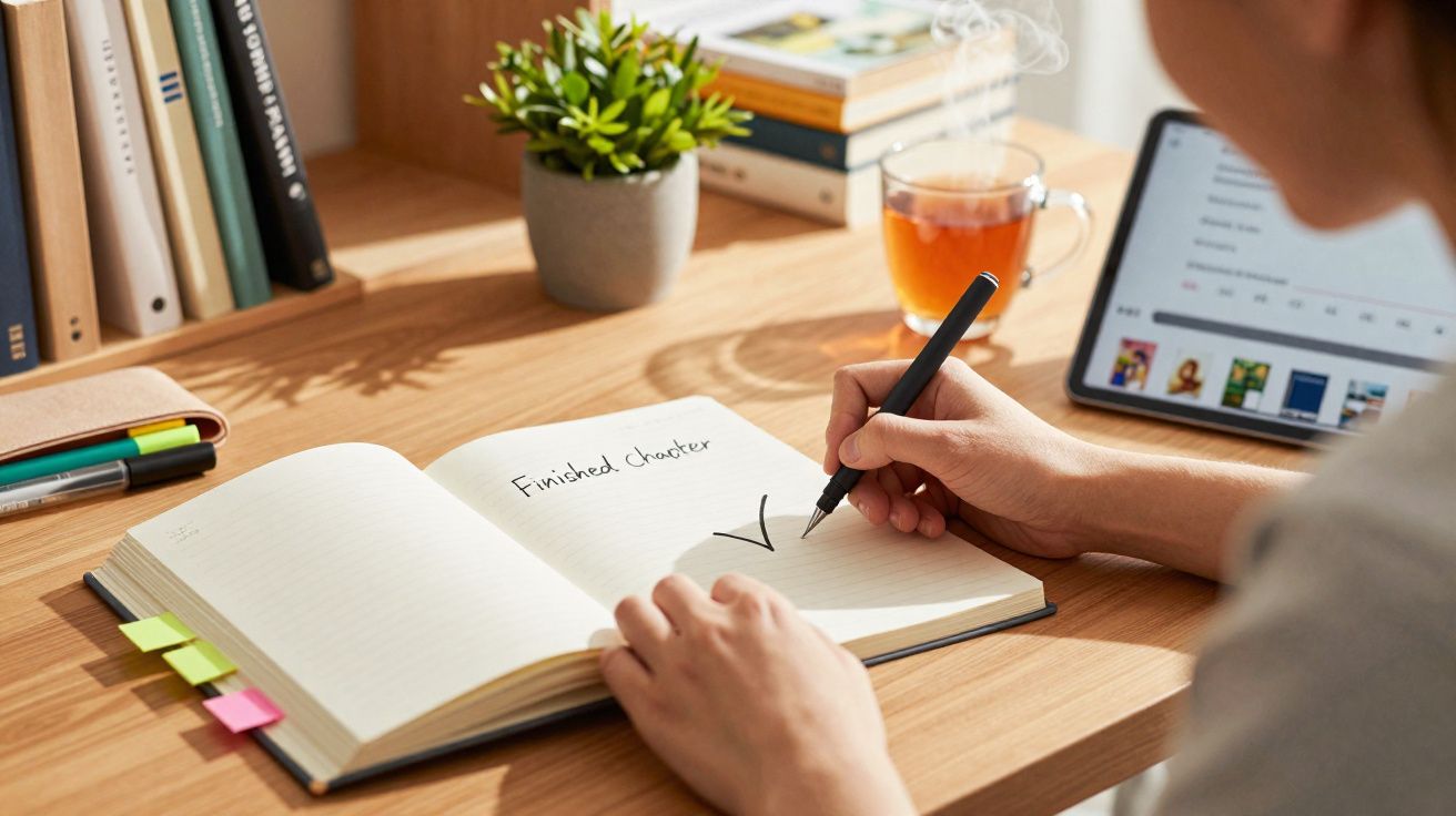 Pessoa a escrever num caderno “Finished chapter” numa secretária com chá, tablet e livros organizados.