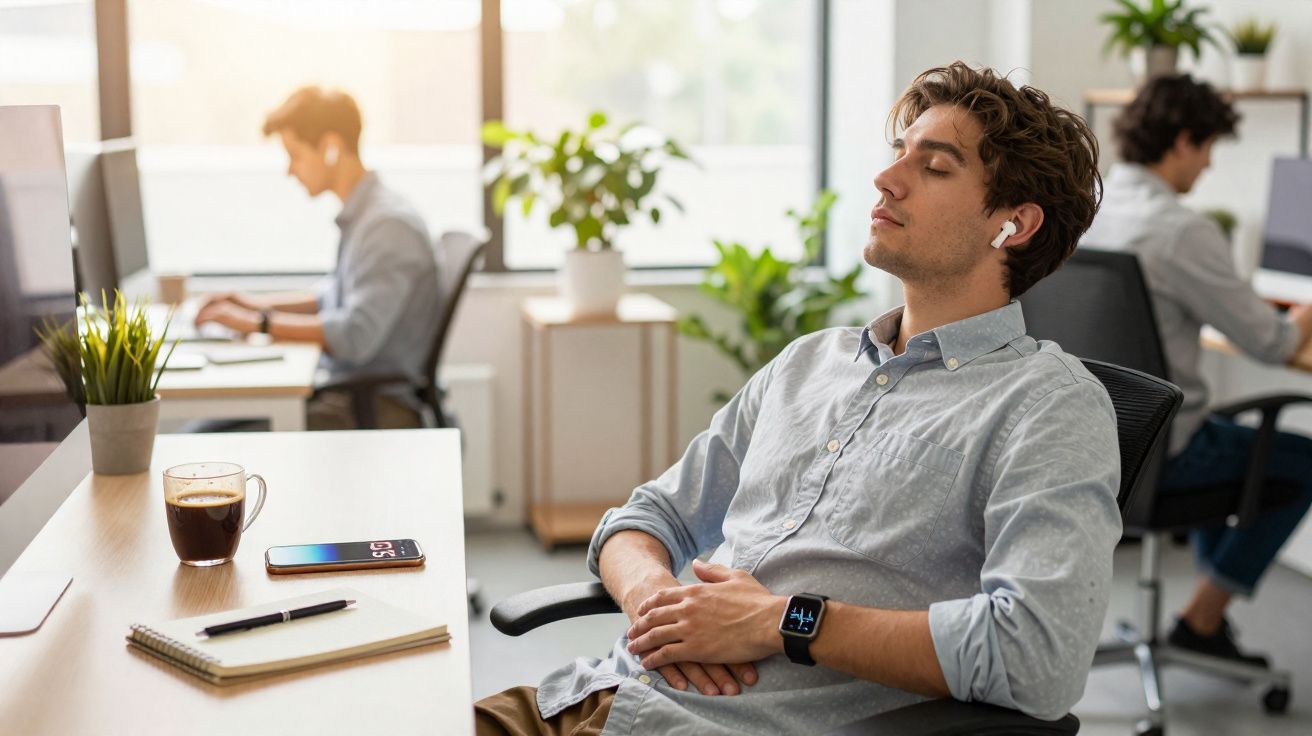 Homem sentado a relaxar com auscultadores num escritório moderno, colegas trabalham ao fundo.