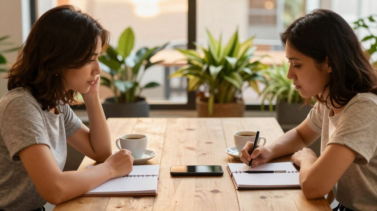Duas mulheres sentadas frente a frente numa mesa de madeira a escrever em cadernos com café e telemóvel no centro.
