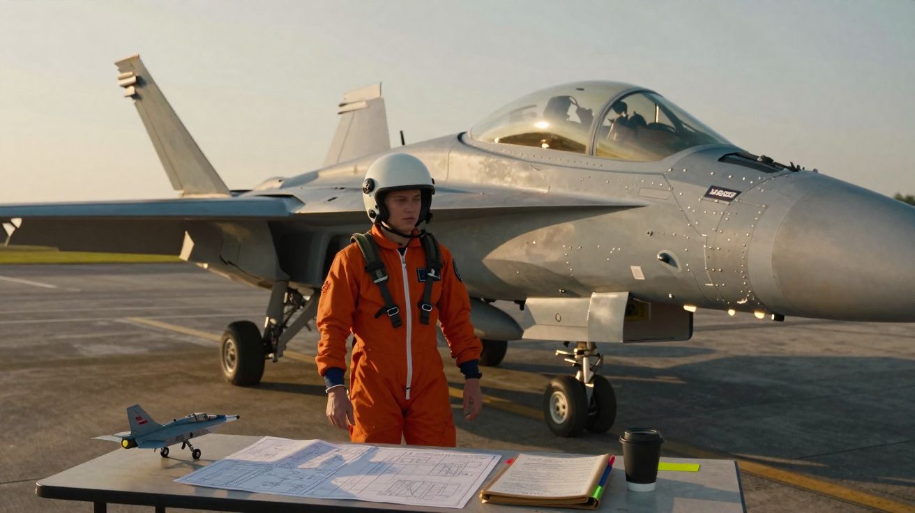 Piloto com fato de voo laranja ao lado de avião militar estacionado e mesa com documentos no pátio aeródromo.