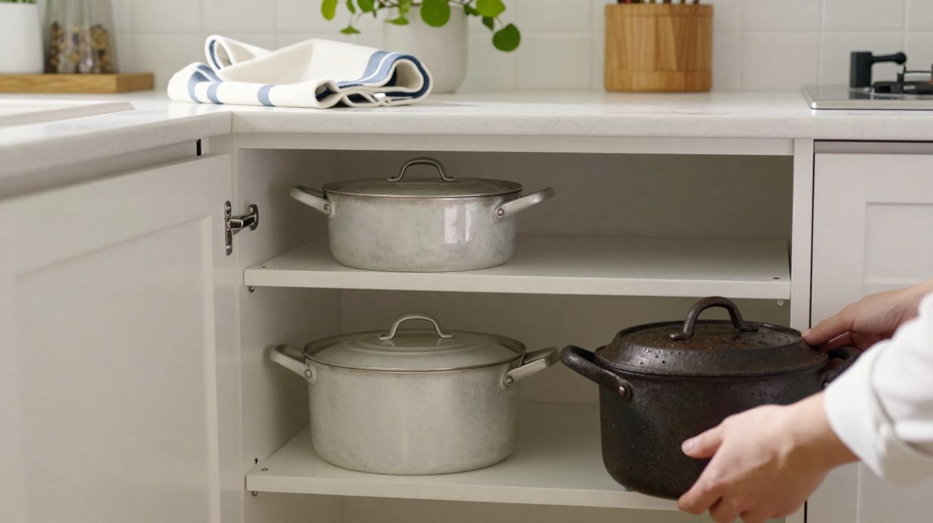 Armário de cozinha branco com tachos de metal prateado e preto, pessoa retirando o tacho preto.