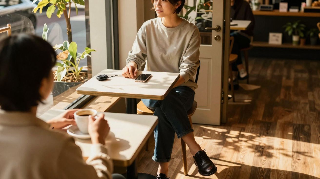 Duas pessoas sentadas em mesas num café, uma bebe café e a outra olha para fora pela janela.