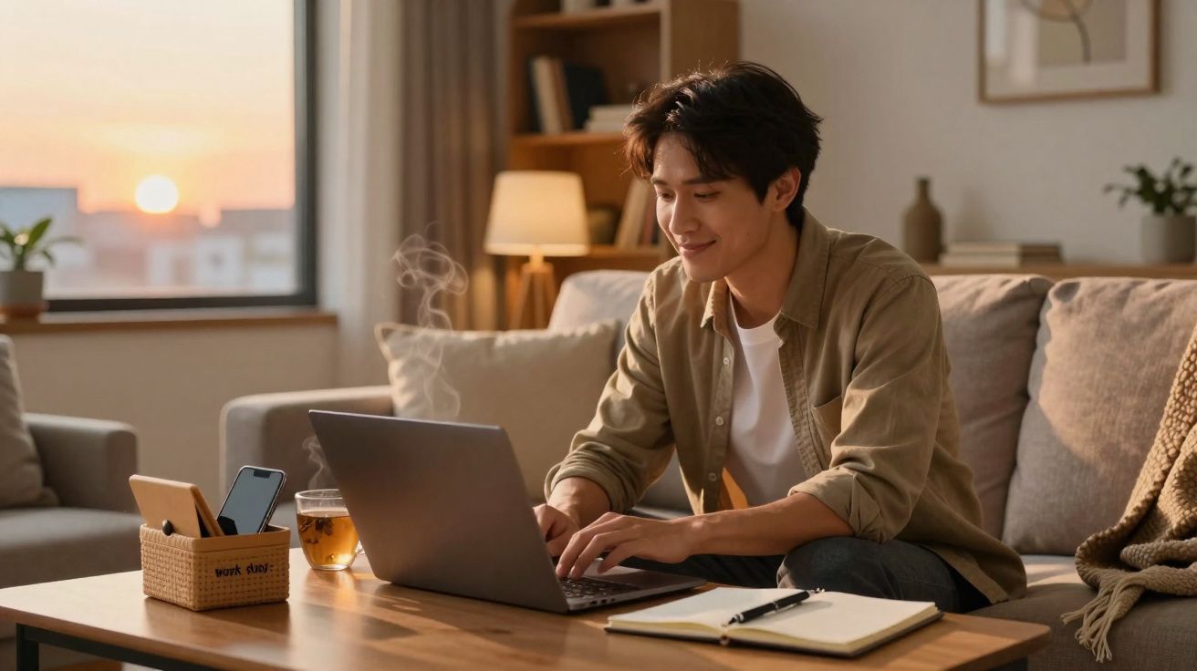 Homem jovem a trabalhar num portátil numa sala acolhedora ao pôr do sol com chá quente e material de escritório.