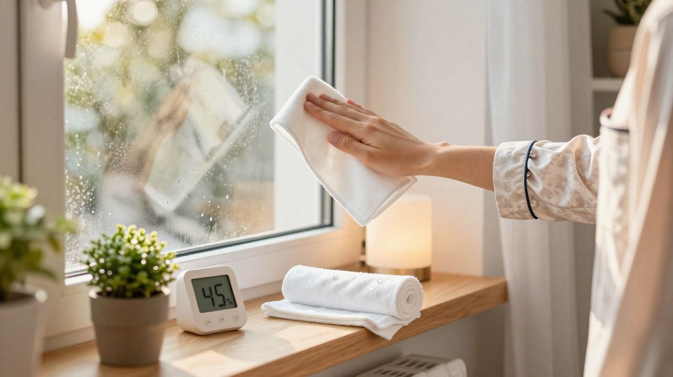 Pessoa a limpar a janela com um pano branco em ambiente interior, com plantas e termómetro na parede.