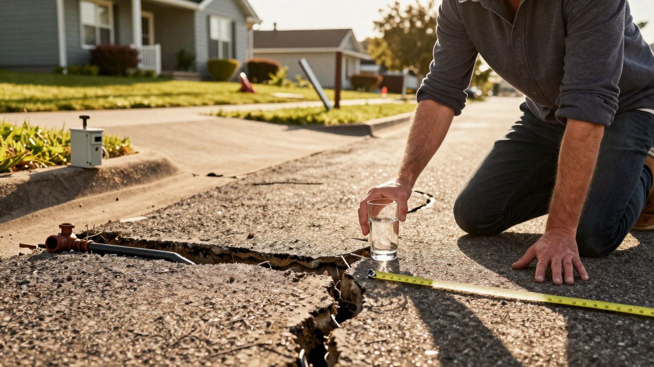 Homem mede fissura num pavimento de rua e coloca copo com água para análise em bairro residencial.