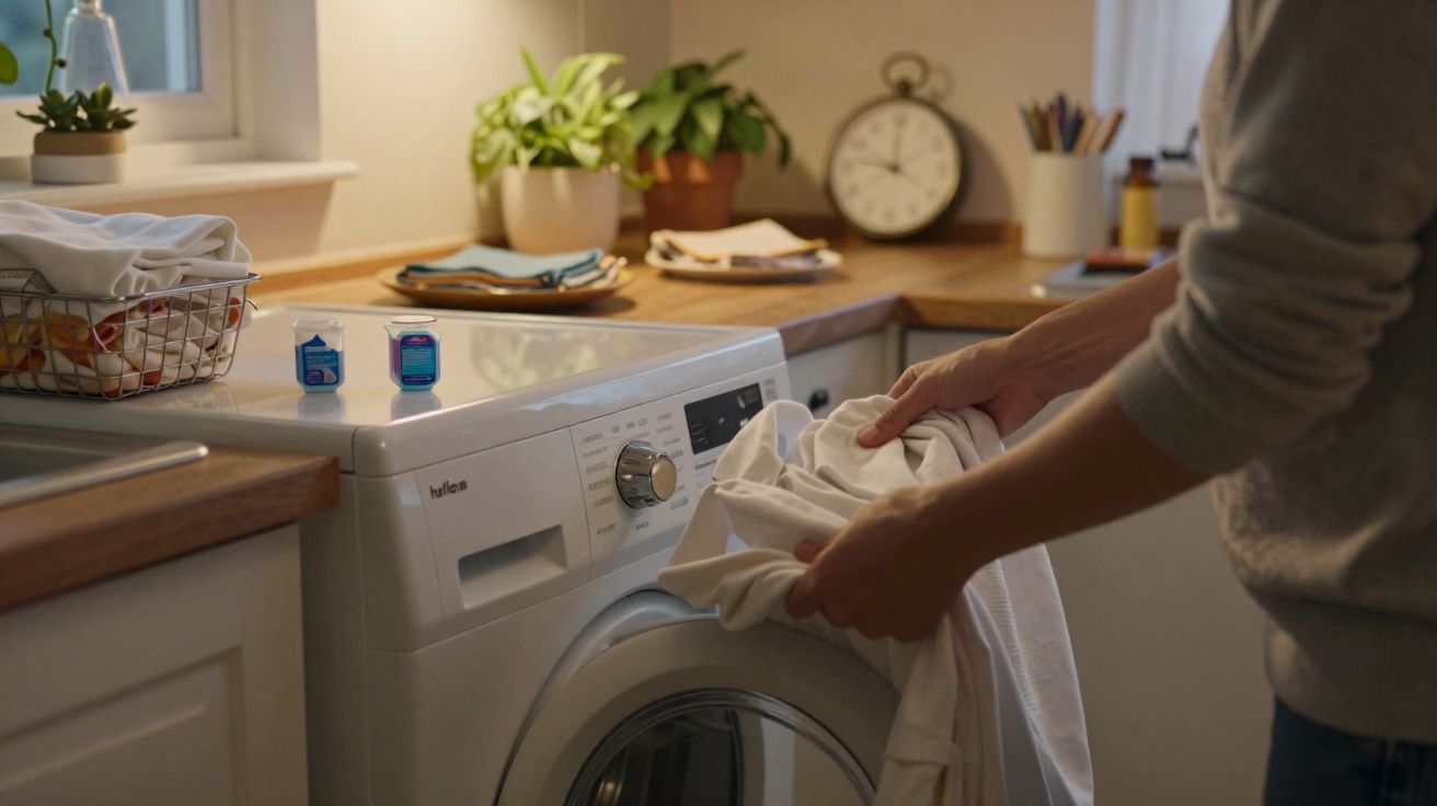 Pessoa a colocar roupa branca na máquina de lavar numa cozinha bem iluminada com plantas e relógio ao fundo.