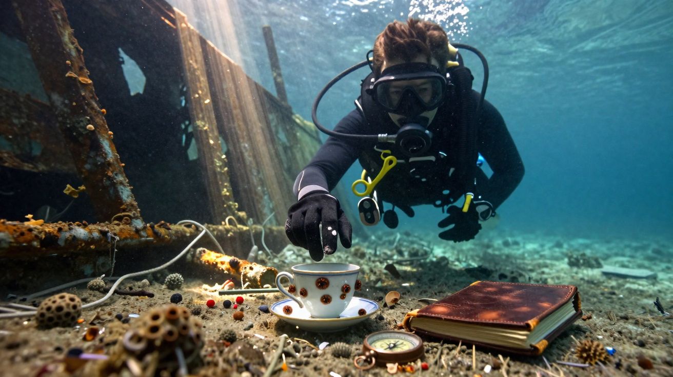 Mergulhador explora cativeiro submarino com chávena, livro e bússola no fundo do mar.