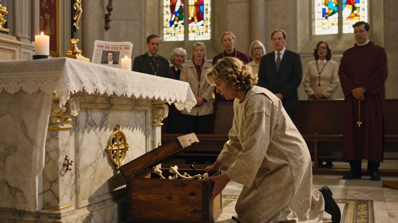 Mulher ajoelhada abre arca de madeira perto de altar em igreja com pessoas ao fundo em oração.