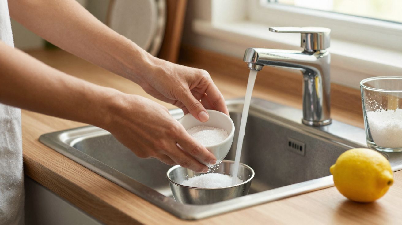 Pessoa a lavar sal grosso numa taça metálica na pia da cozinha, com limão ao lado.