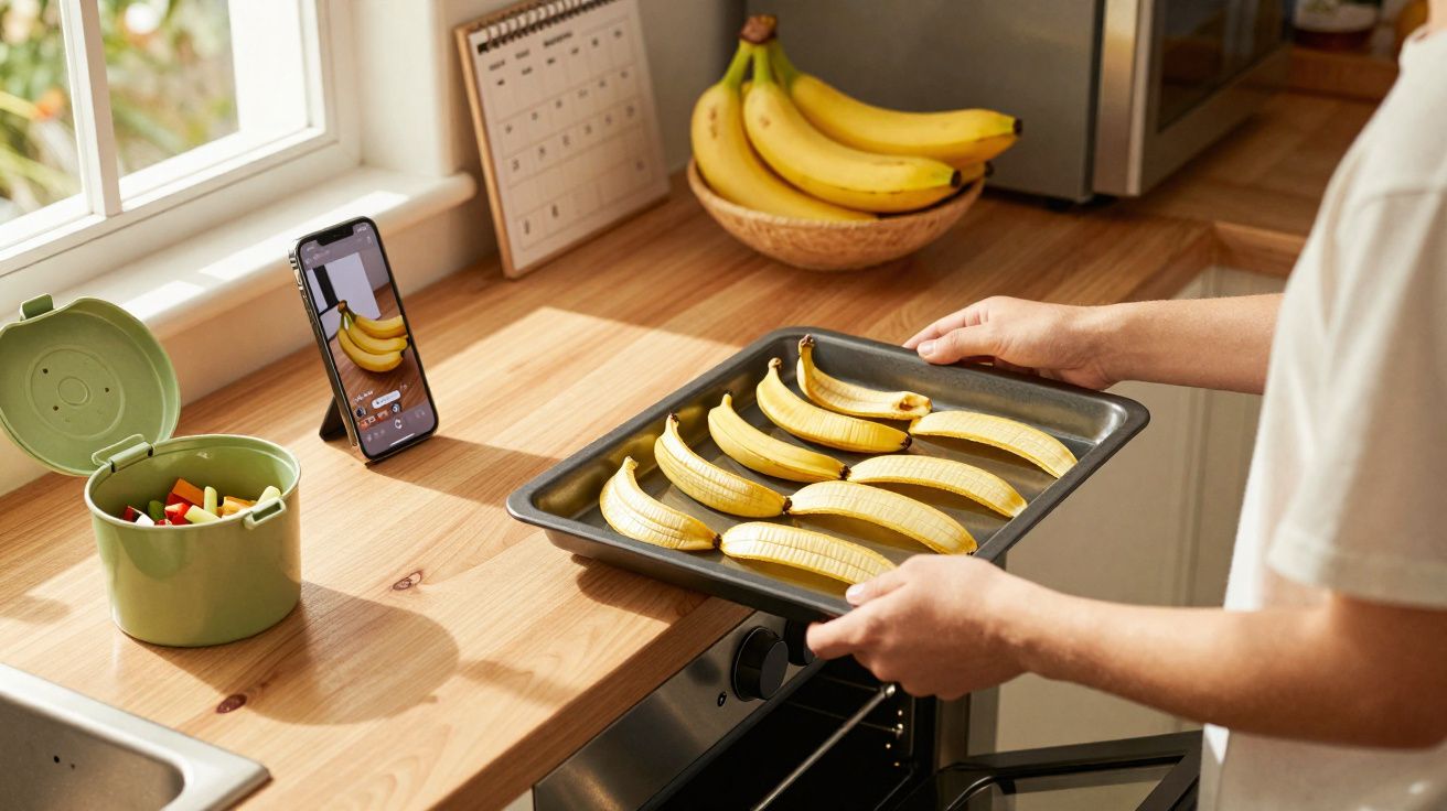 Pessoa a colocar tabuleiro com bananas descascadas no forno numa cozinha iluminada.