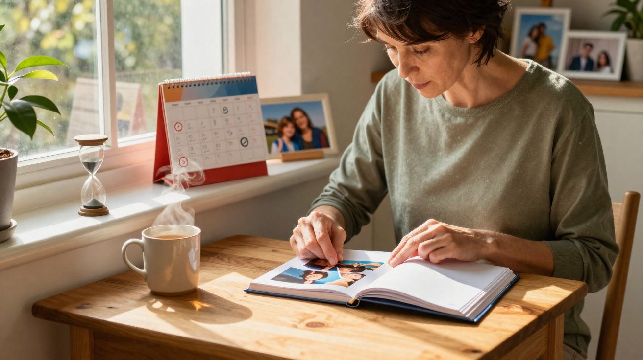 Mulher sentada à mesa a olhar álbum de fotografias numa sala iluminada por luz natural.