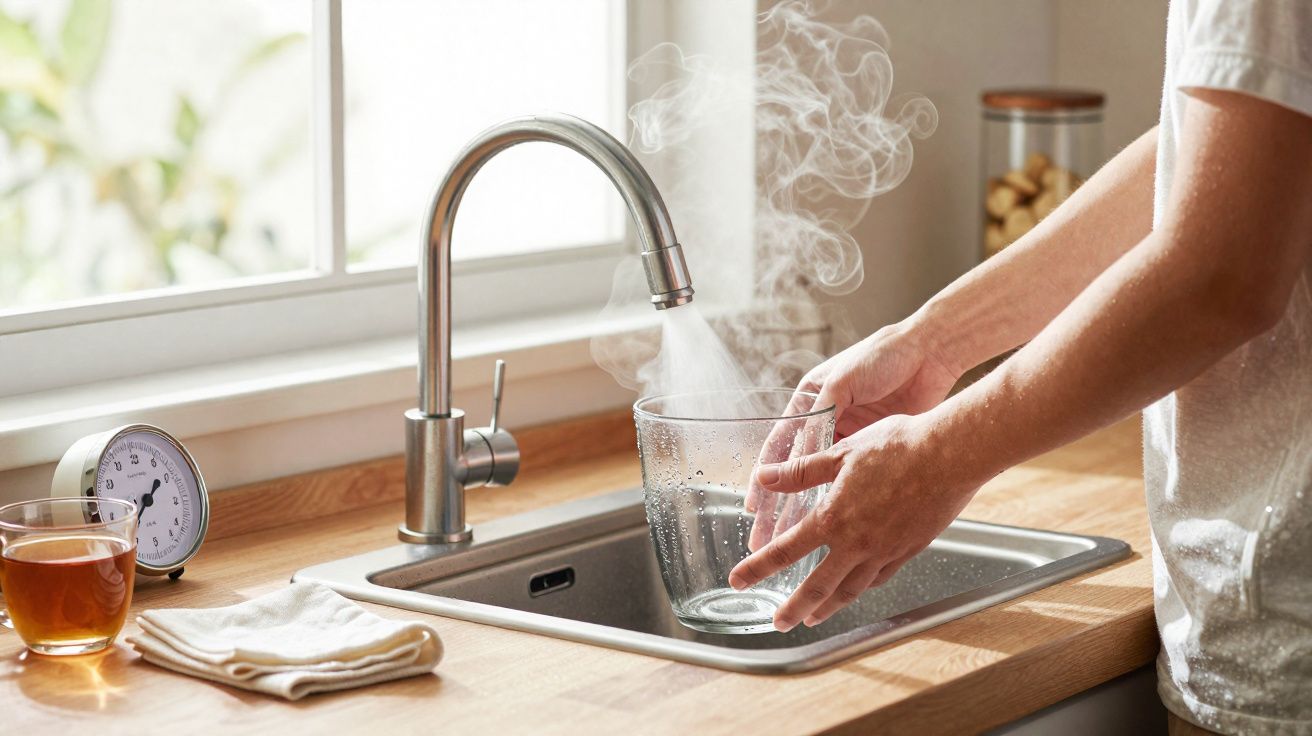 Mãos seguram copo de vidro sob torneira enquanto sai vapor, numa cozinha iluminada com janela.