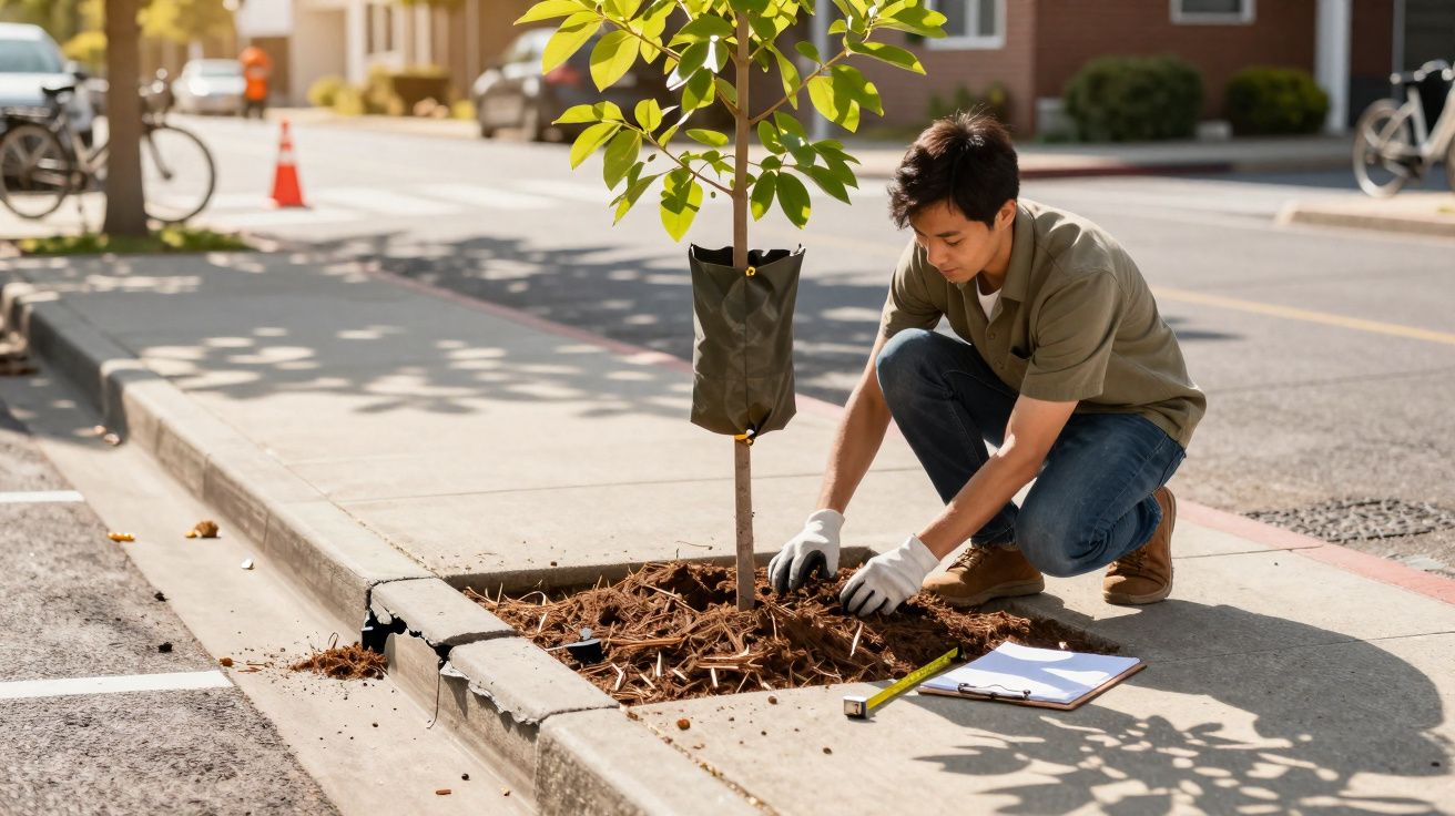 Homem a plantar uma árvore numa ilha de cimento urbana numa rua com luvas de proteção.