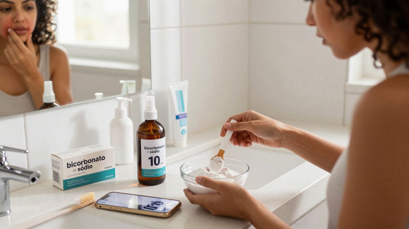 Mulher prepara mistura com bicarbonato de sódio num recipiente no lavatório, olhando para o espelho do casa de banho.