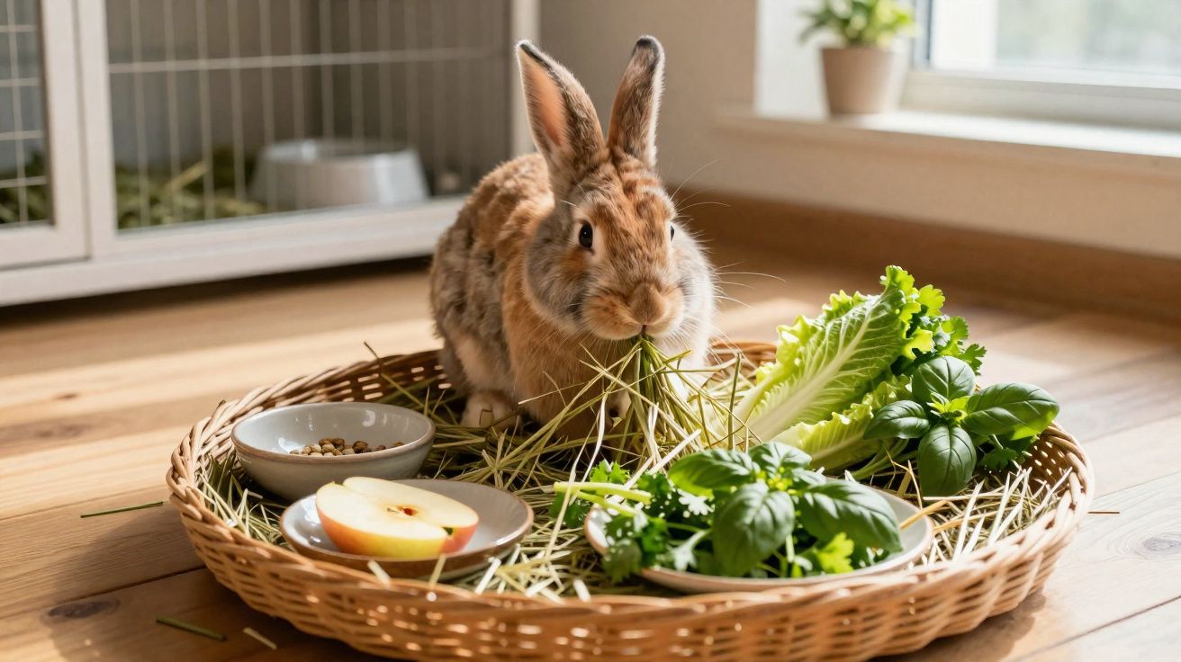Coelho marrom a comer feno num tabuleiro com folhas verdes e fruta junto a uma janela.