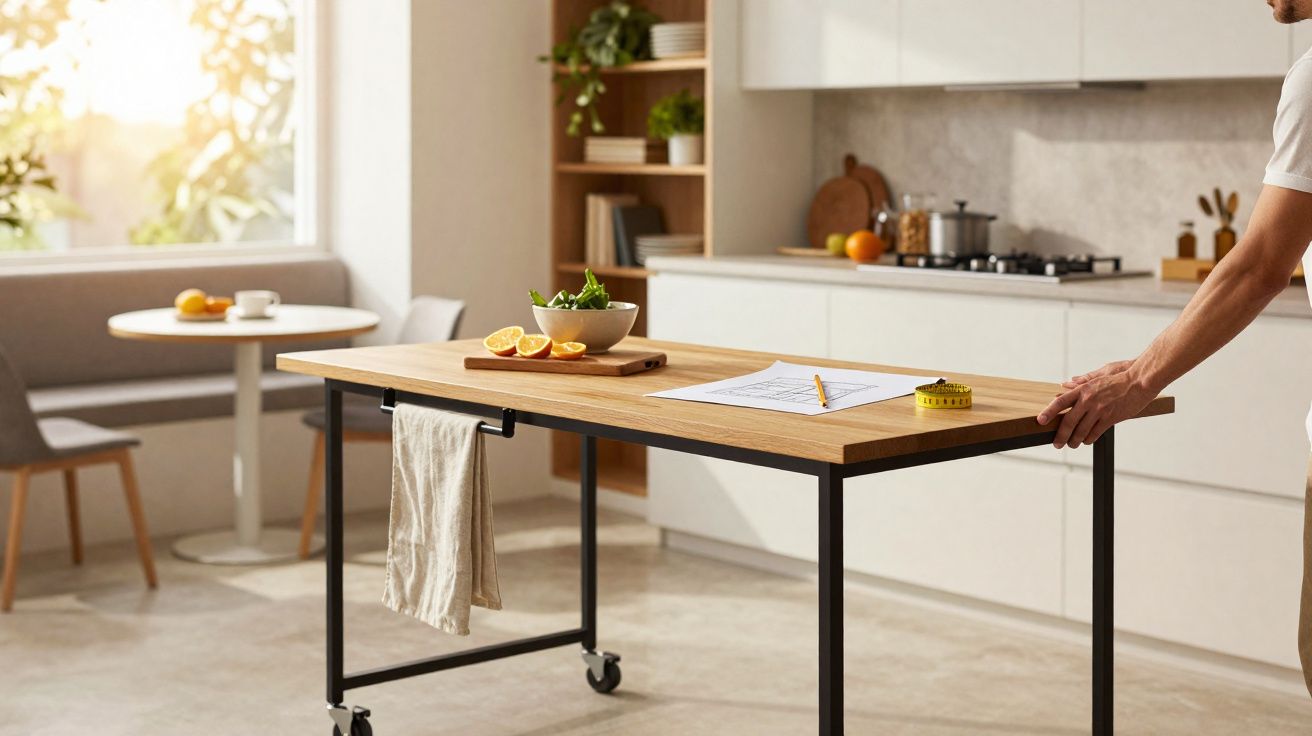 Cozinha moderna com mesa de madeira móvel, frutas, plantas e pessoa a empurrar a mesa.