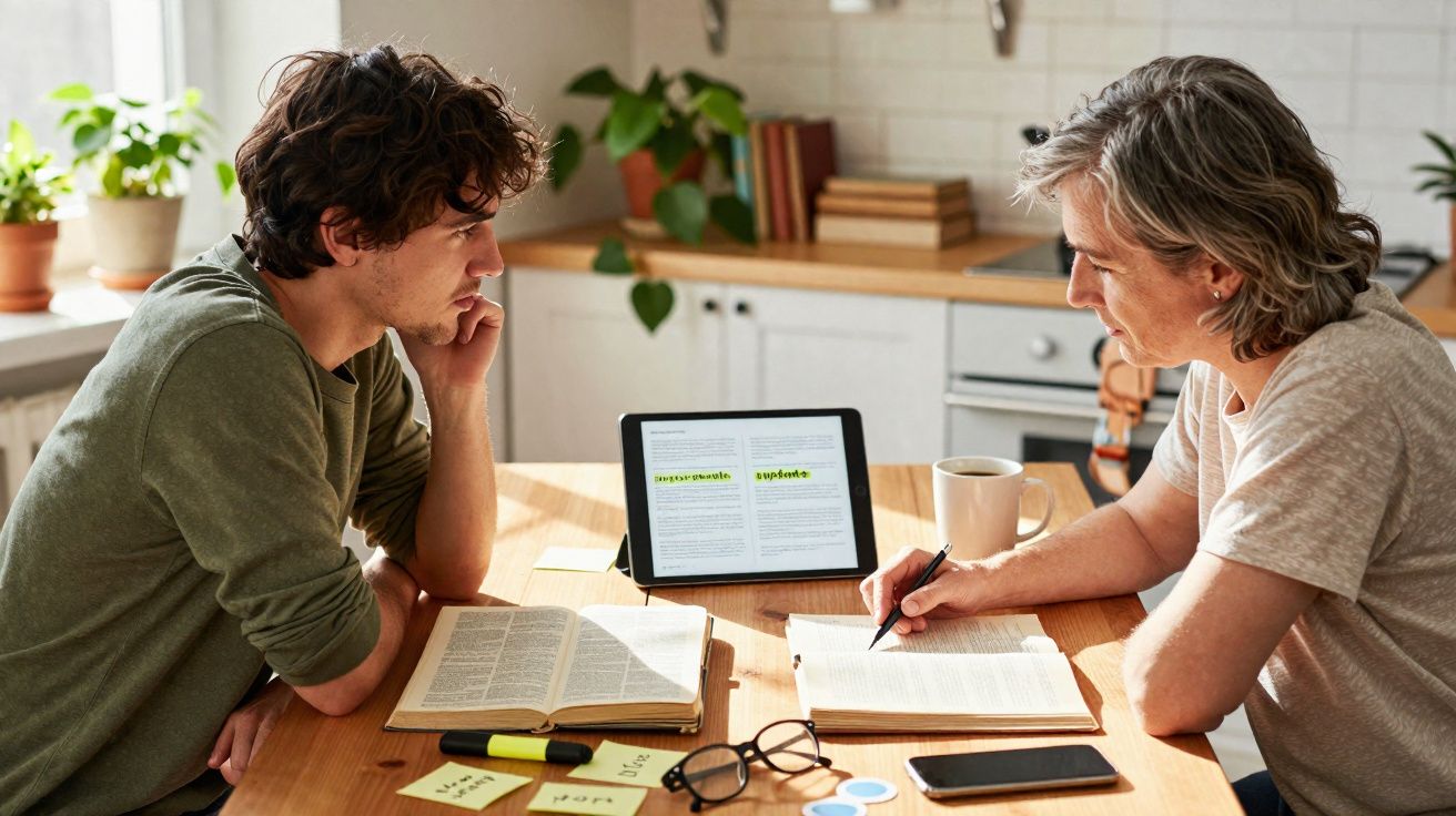 Dois adultos sentados à mesa, estudando com livros, tablet e anotações num ambiente de cozinha.