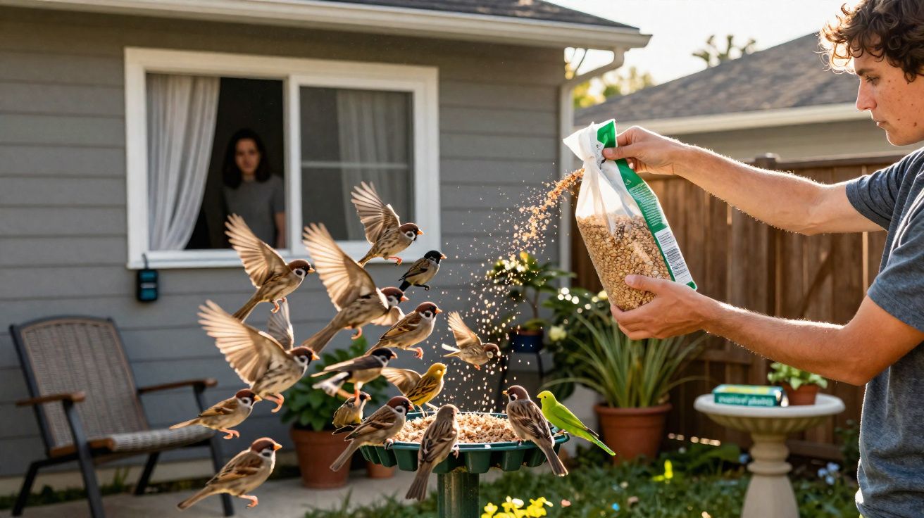 Homem a alimentar pássaros num jardim, com mulher atrás da janela de casa observando.