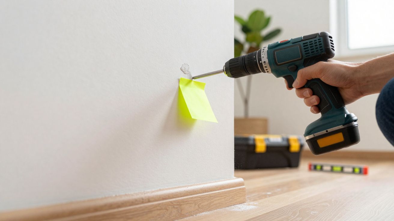 Pessoa a usar uma furadeira elétrica para fixar algo na parede branca com um post-it amarelo colado.