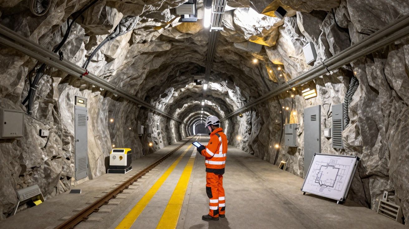 Trabalhador com colete refletor e capacete dentro de túnel rochoso junto a carril ferroviário e planta técnica.