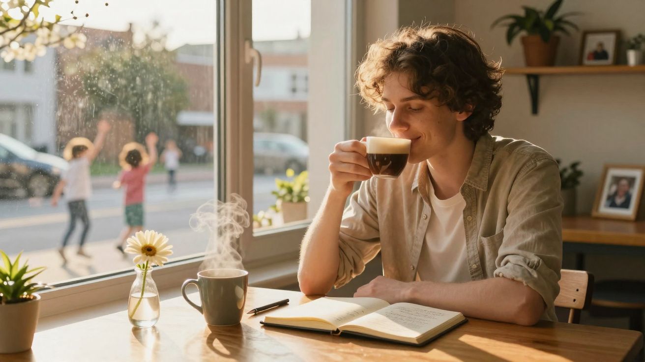 Jovem a beber café e a ler um livro numa mesa junto à janela com crianças a brincar lá fora.