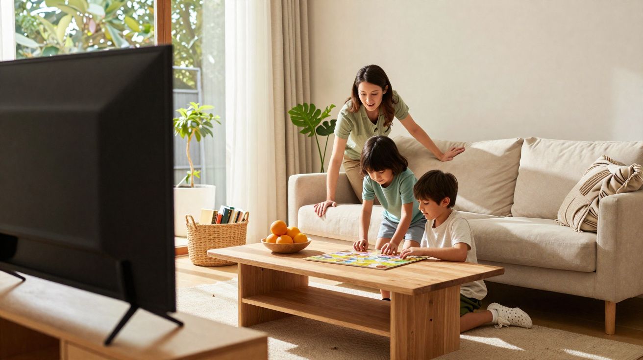 Mulher observa duas crianças a jogar um jogo de tabuleiro numa mesa de madeira na sala iluminada.