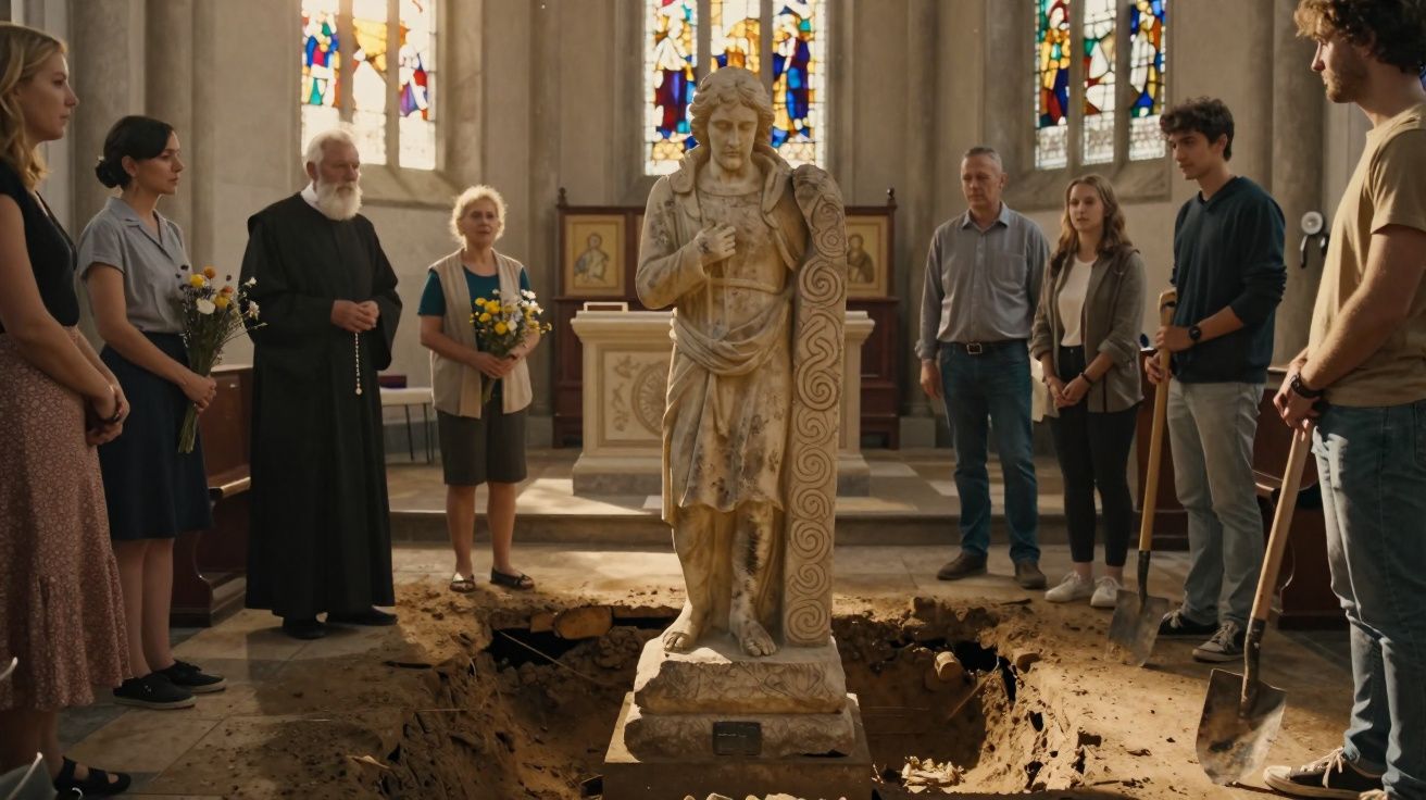 Grupo de pessoas em círculo numa igreja junto a estátua antiga de mármore recém-desenterrada.