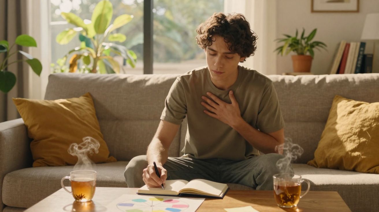 Jovem sentado no sofá, escreve num caderno, com duas chávenas de chá quente na mesa à frente.