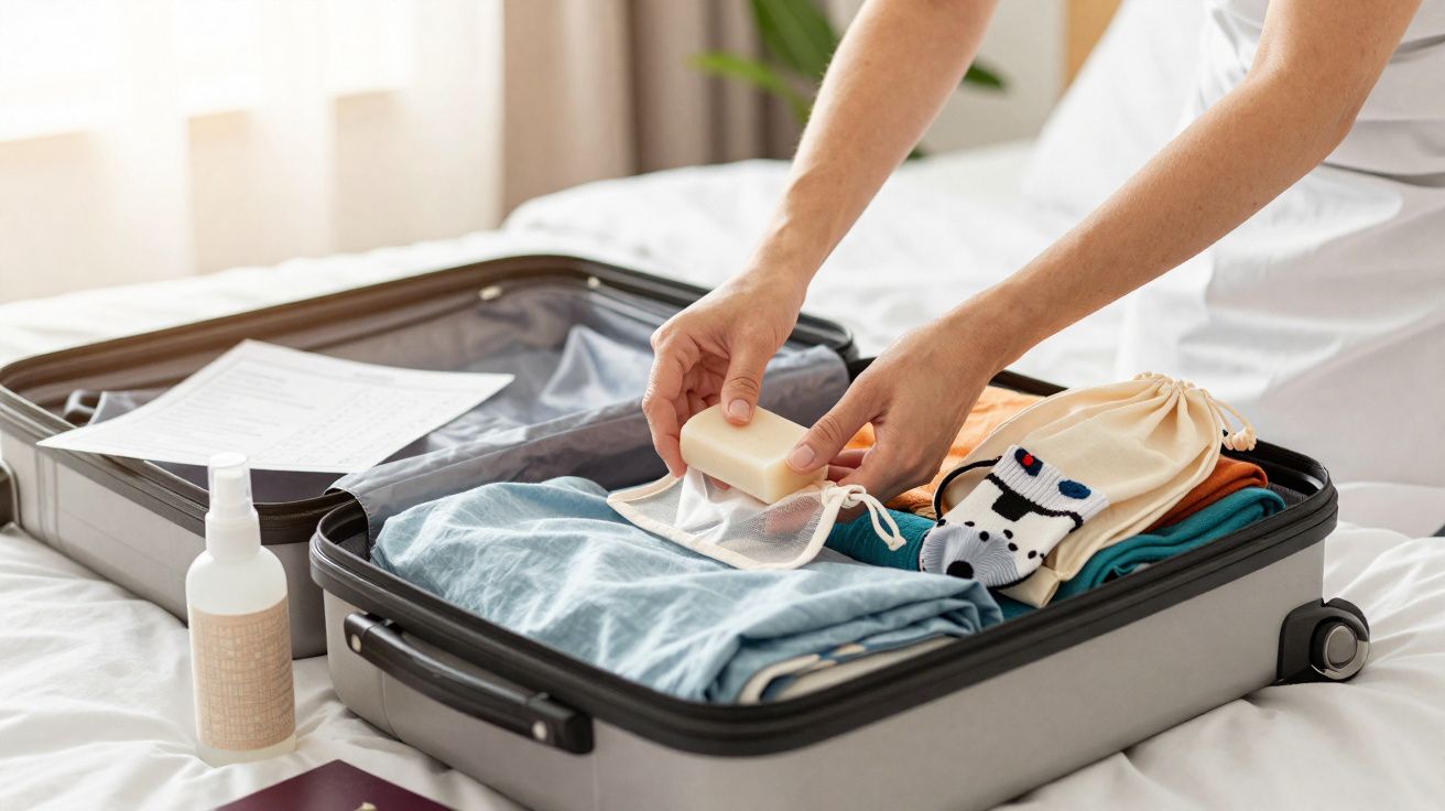 Mala aberta numa cama com roupas organizadas e uma pessoa a colocar um sabão dentro de um saco.