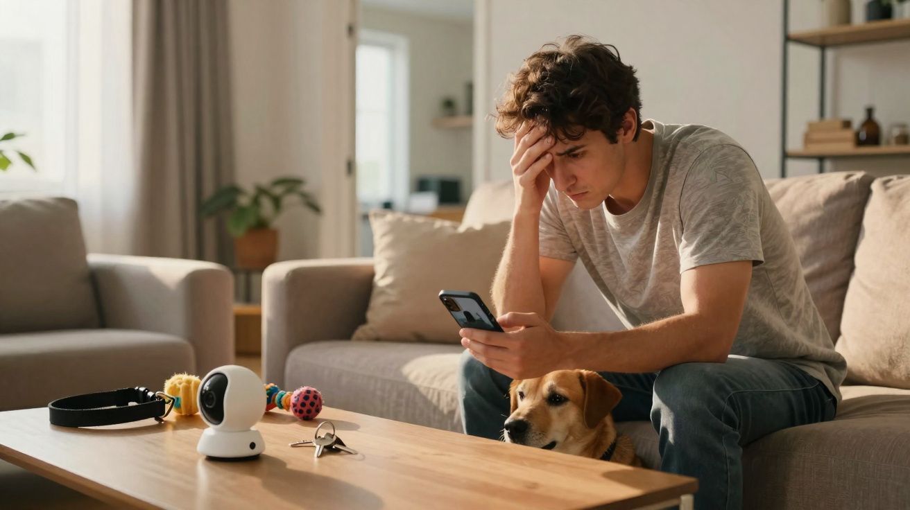 Homem preocupado sentado no sofá com cão ao lado, a olhar para o telemóvel numa sala de estar.