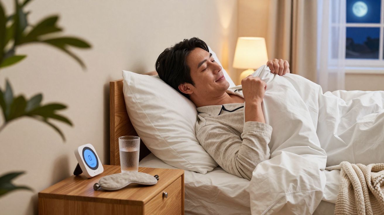 Homem deitado na cama a olhar para dispositivo numa mesa de cabeceira com copo de água e máscara de dormir.