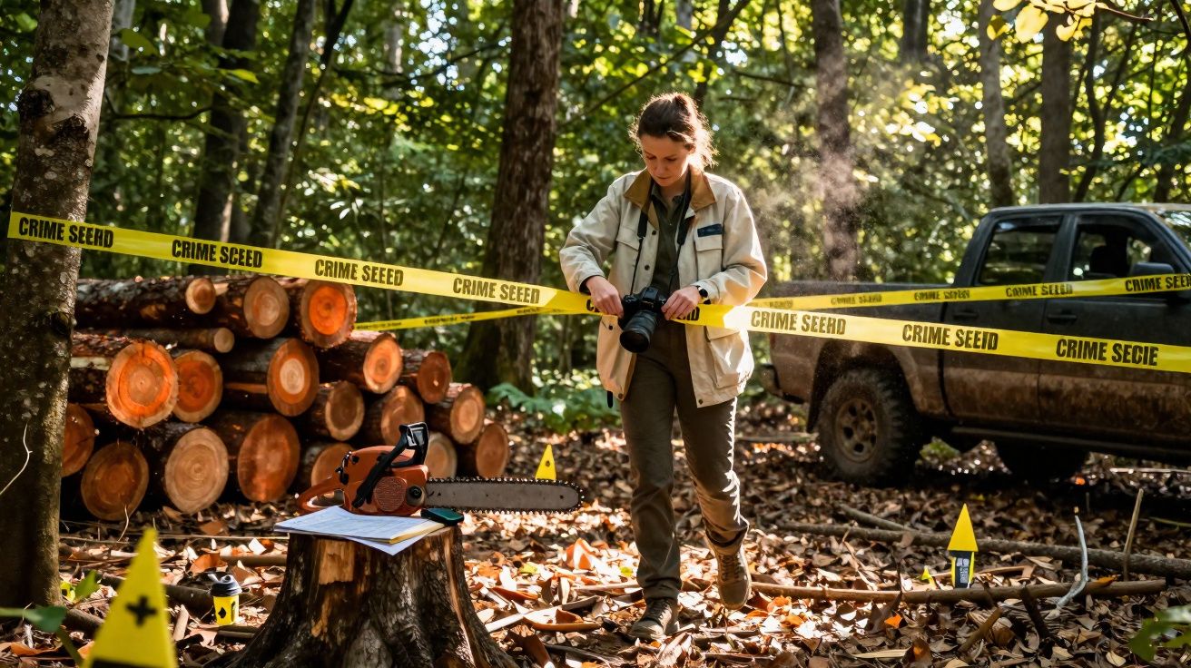 Mulher a fotografar uma motosserra dentro de uma área isolada com fita policial numa floresta.
