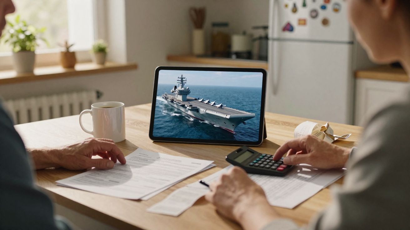Duas pessoas sentadas à mesa a analisar documentos enquanto veem um porta-aviões num tablet.