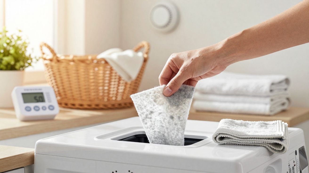 Mão a colocar filtro usado cheio de sujidade na máquina de lavar roupa branca numa cozinha luminosa.