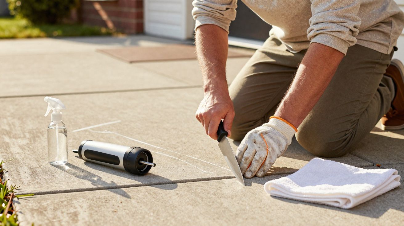 Pessoa a aplicar selante numa fissura num passeio de cimento, com ferramentas e pano ao lado.