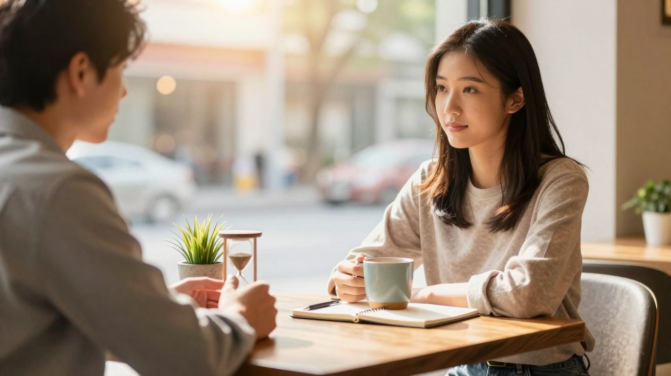 Jovem mulher a beber chá enquanto conversa com homem num café com luz natural e decoração minimalista.