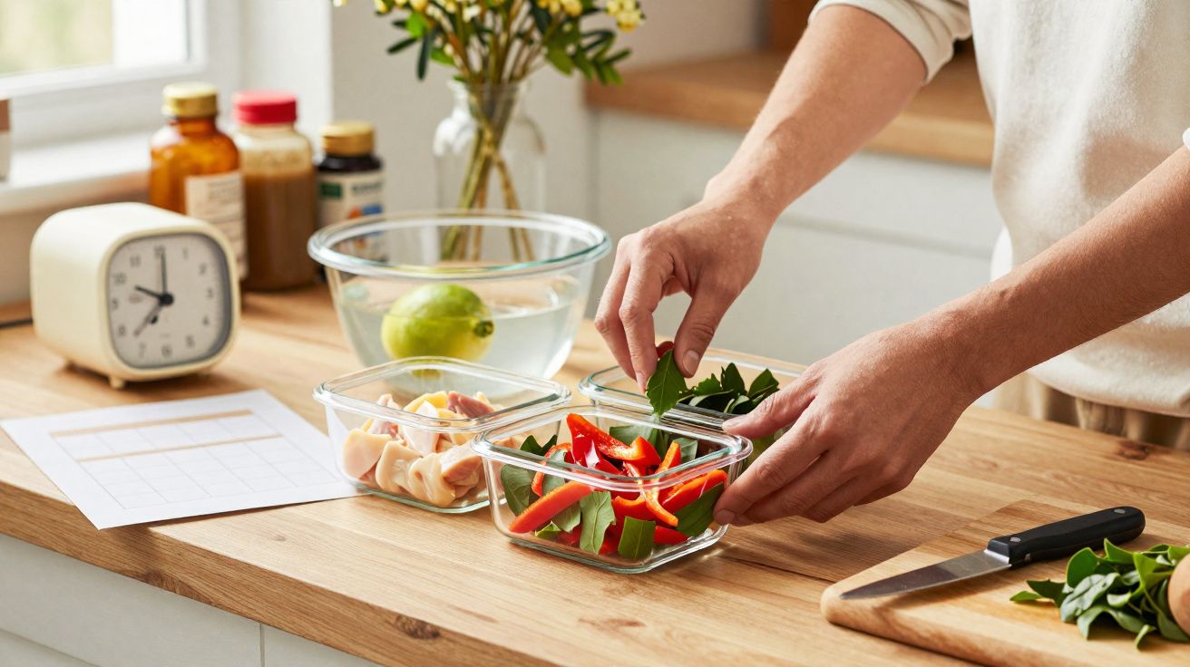 Mãos a preparar salada com pimentos e folhas verdes em caixas de vidro numa cozinha iluminada.