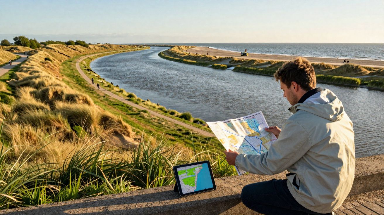 Homem a consultar um mapa e um tablet junto a um rio rodeado de vegetação e dunas ao pôr do sol.