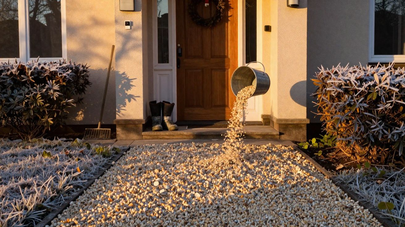 Casa com caminho de cascalho sendo espalhado a partir de um balde na entrada, ladeado por plantas com geada.