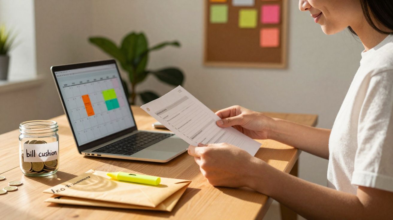 Pessoa a analisar uma fatura com notas coloridas num computador portátil e envelope numa mesa de madeira.