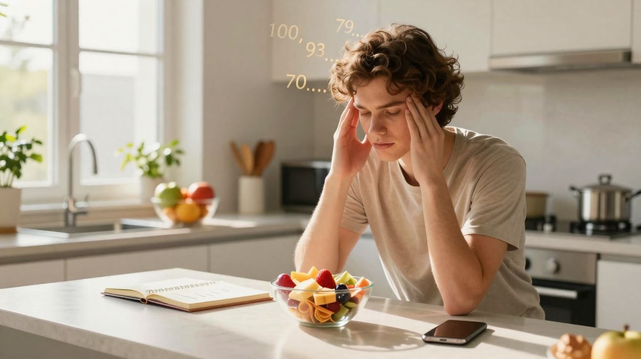 Jovem com expressão preocupada, sentado à mesa da cozinha com frutas, livro aberto e telemóvel.