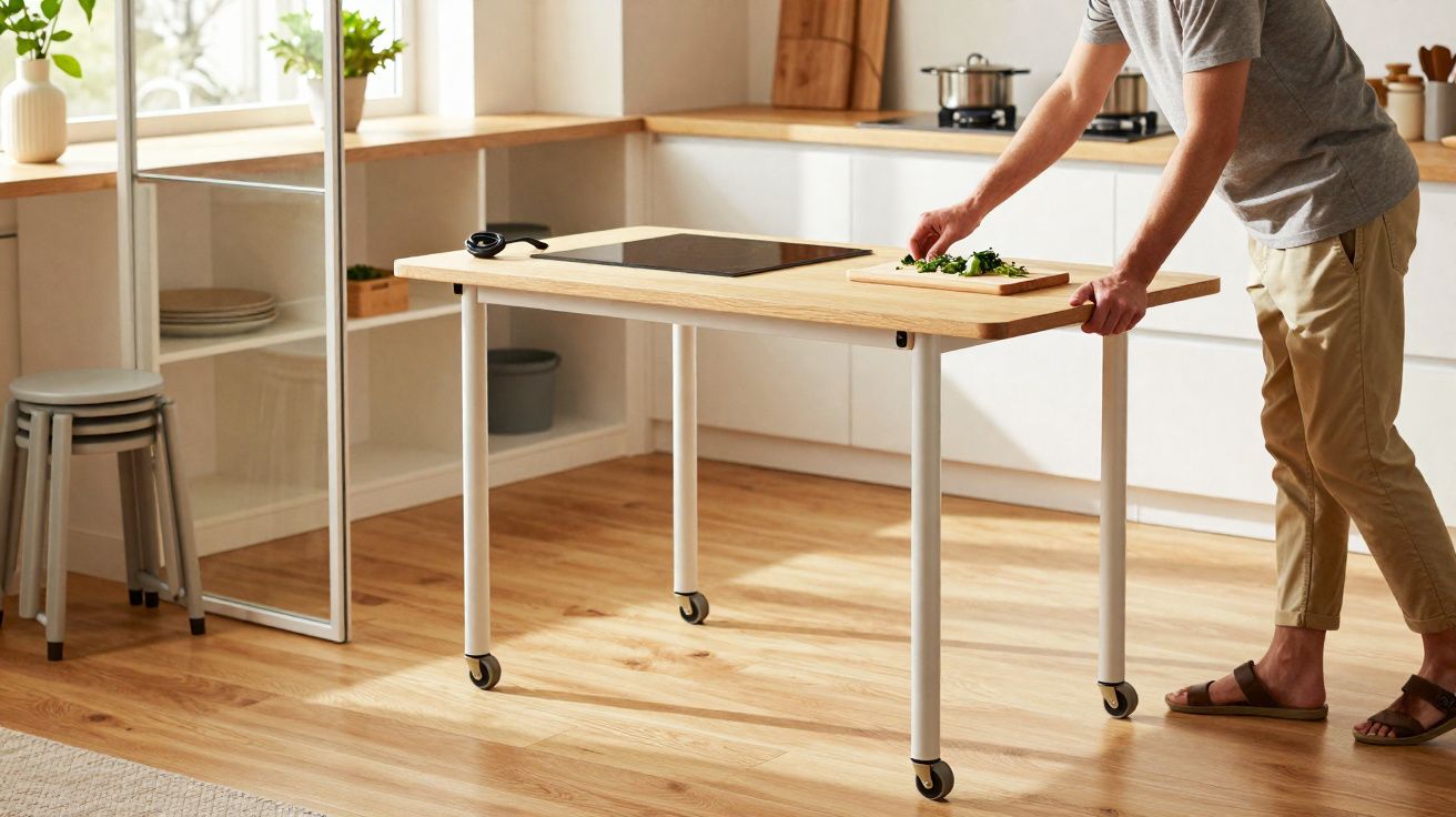 Homem a preparar ervas numa bancada de cozinha moderna com rodas, em ambiente iluminado e com chão de madeira.
